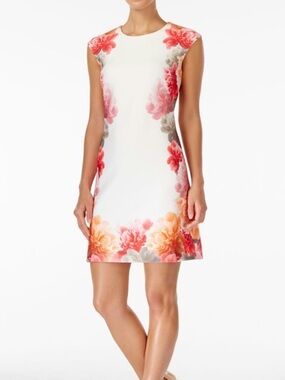 Calvin Klein White Mini Dress with Pink & Orange Floral Trim